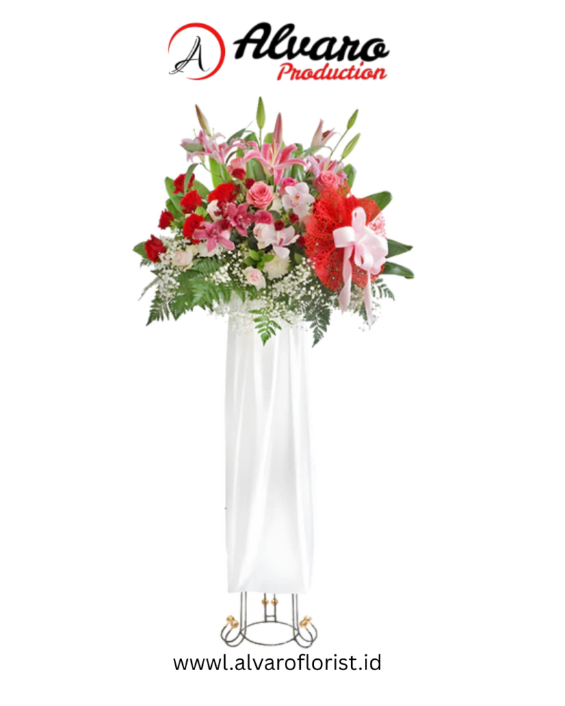 Standing Flower Romantis 'Red Wonder' 12 Mawar & Lily, Kirim 2 Jam di Jakarta - Alvaro Florist Id